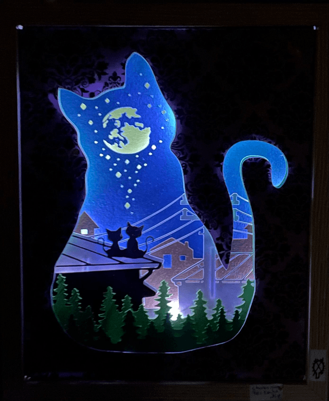 Chats sur les toits - cadre 3D lumineux - VENDU