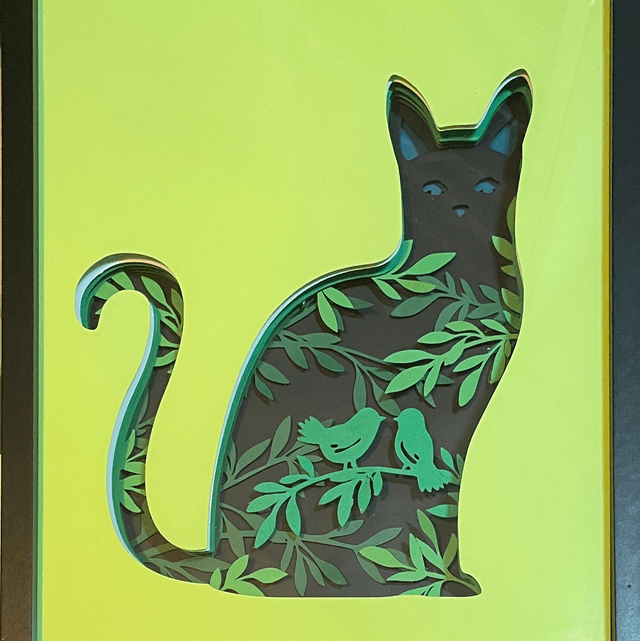 Chat feuillage - cadre 3D