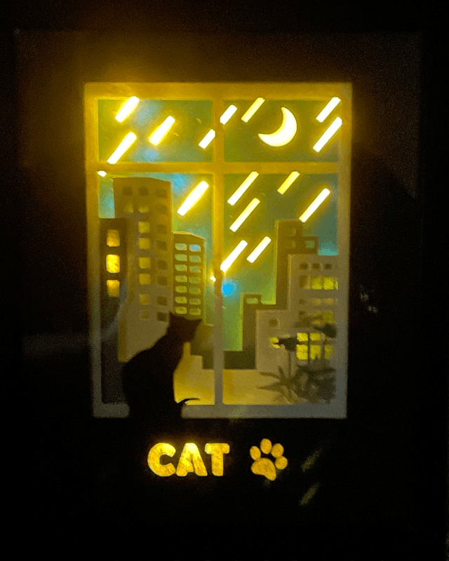 Chat sous la pluie - cadre 3D Lumineux - VENDU